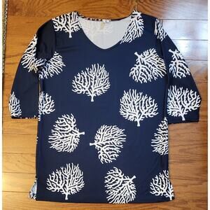 Womens Tunic Shirt Petsche Size S Navy Blue with White Coral 3/4 Sleeve